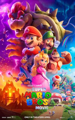 Characters from the Super Mario Bros game against a stormy background and the words "The Super Mario Bros. Movie"