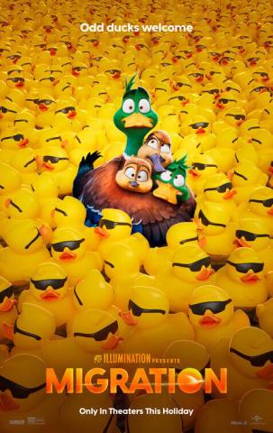 Four real ducks in a sea of sunglasses-wearing yellow rubber ducks.