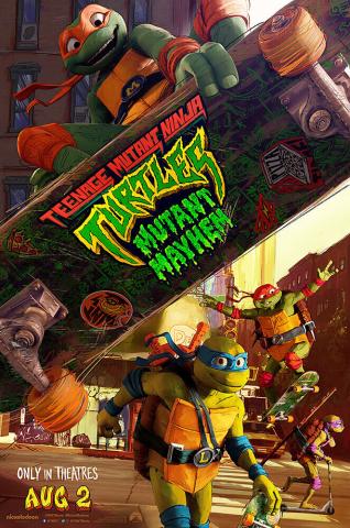 A turtle with an orange bandana rides a skateboard over his 3 friends.