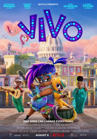 A girl with purple hair and a kinkajoo playing the trumpet stand on top of a drum. Two other musicians flank them in the background.