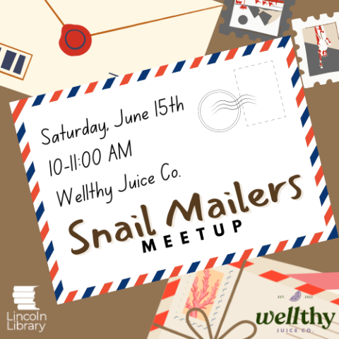 An illustration of a pile of mail and stamps. On the front of an envelope in the center of the design are the event name and meeting details.