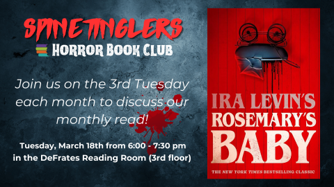 Promotional image for March 2025 Horror Book Club, showing the book cover for "Rosemary's Baby" by Ira Levin