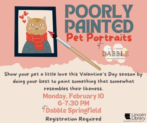 A colorful image of a cat portrait in a frame with hearts coming off its head. There is a paintbrush painting the portrait and text describing the event details. 