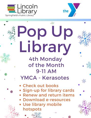 The Lincoln Library and YMCA logos at the top with text describing the date, time, activities that happen at a Pop-up library.