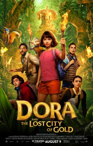 Poster for Dora & the lost city of gold. A girl stands holding a torch. She is surrounded by people who look frightened.