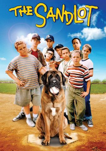 Poster for The Sandlot - a group of boys gathered around a large dog. The dog holds a baseball in its mouth.