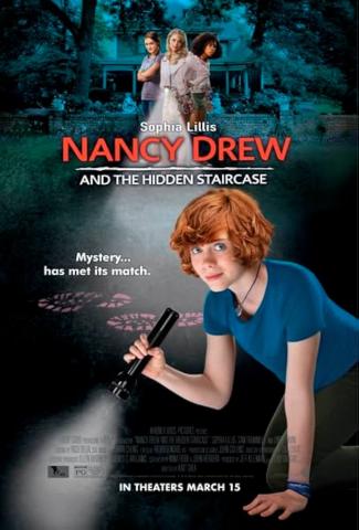 A poser for Nancy Drew and the Hidden Staircase. A young girl holds a flashlight. Behind her, 3 other girls look on.