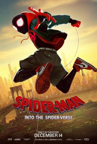 A poster for Spider-Man: Into the Spider-Verse. A figure wearing a red mask and black suit jumps in the air.