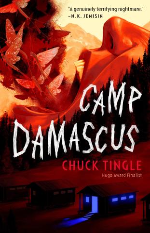 Book cover for "Camp Damascus" by Chuck Tingle, depicting a red and yellow mountain range that gradually fades into an open mouth.