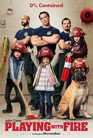 A poster for Playing with Fire. A group of 3 firemen stand disapprovingly behind a group of children and a dog - all wear firehats.
