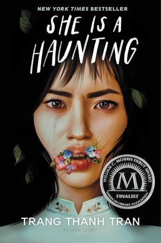 Book cover for She is a Haunting by Trang Thanh Tran, showing a young girl crying with flowers growing from her mouth