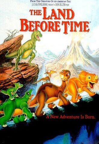 A poster for The Land Before Time. A group of small dinosaurs make their way up a hill while a T-Rex watches from above.