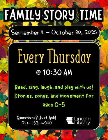 A flyer with fall colors, including details of the story time event.