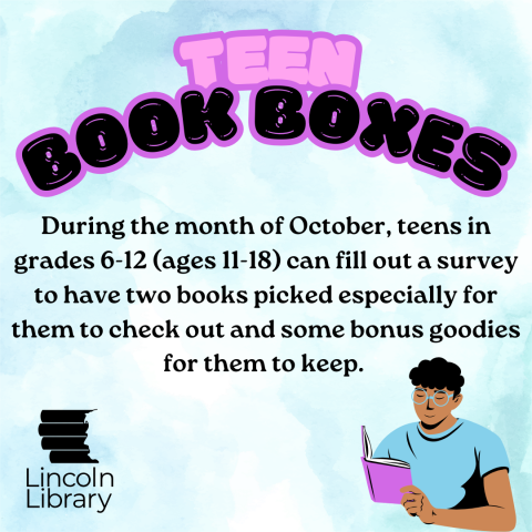 The same information in the description, with an illustrated image of a teenager reading a book in the bottom right corner. 