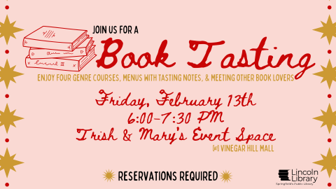 Pink, red, and golden design with gold stars lining the right and left side. There is a red line drawing of a stack of books, text describing the event details, and a black, library logo in the lower right corner.