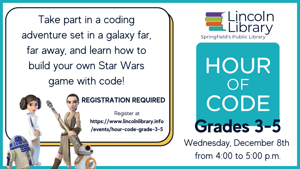 Advertisement for program "Hour of Code for grades 3 through 5" to be held on Wednesday, December 8th from 4:00 to 5:00 p.m.