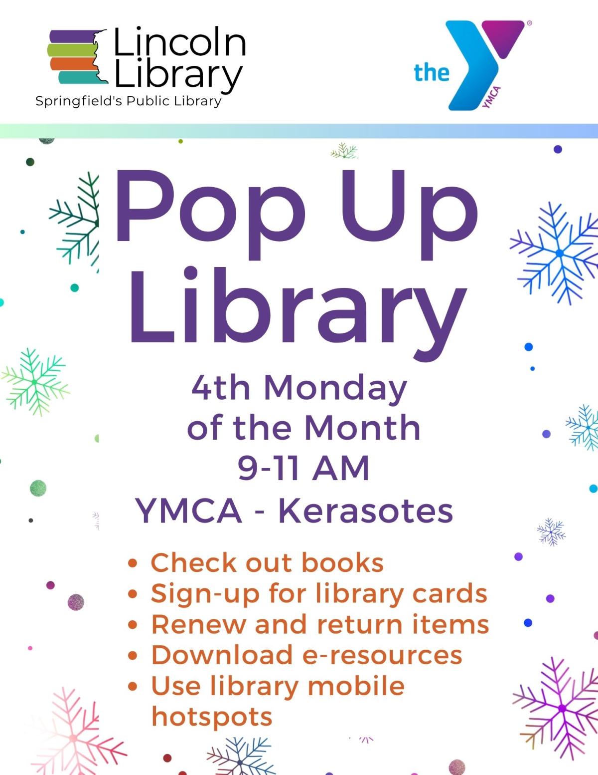 The Lincoln Library and YMCA logos at the top with text describing the date, time, activities that happen at a Pop-up library.
