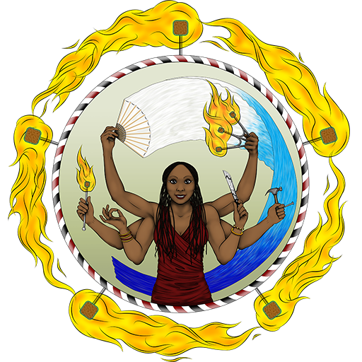 An illustration of a woman with many arms - she holds torches, fans, and other materials. 