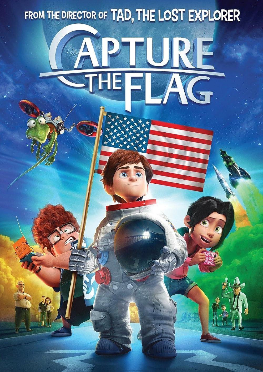 A poster for Capture the Flag. A boy in a space suit stands holding an American Flag.