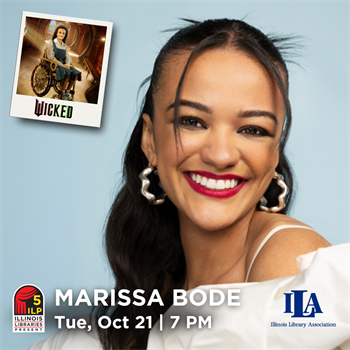 A photo of Marissa Bode with a small photo of her portrayal of character Nessarose from "Wicked".