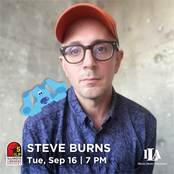 A photo of Steve Burns with a small animated Blue on his right shoulder.