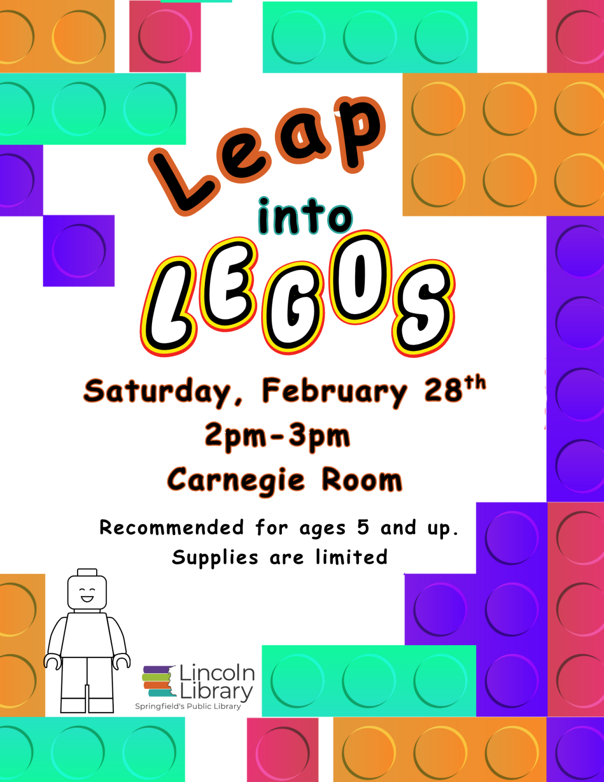 A flyer for the event, with dates, times, and pictures of lego bricks.