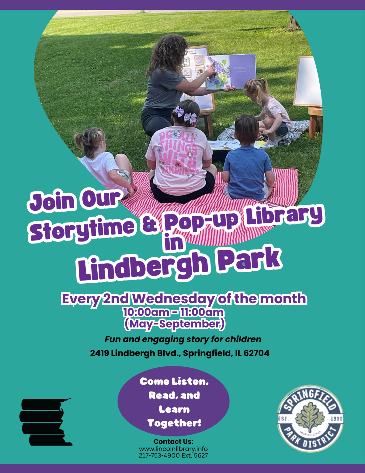 Librarian reading to children in the park