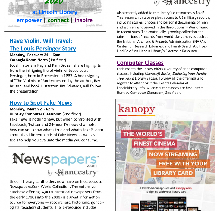 February and March 2020 news and eventsFront page of Feb-March 2020 Lincoln Library Bulletin