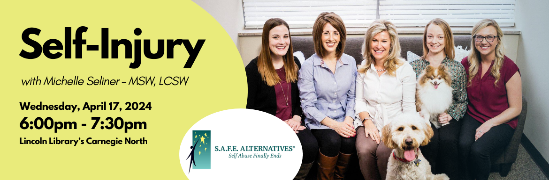 Photo of counseling team smiling while sitting down with a lime green overlay reading "Self-injury" with Michelle Seliner April 17th 6:00pm - 7:00pm
