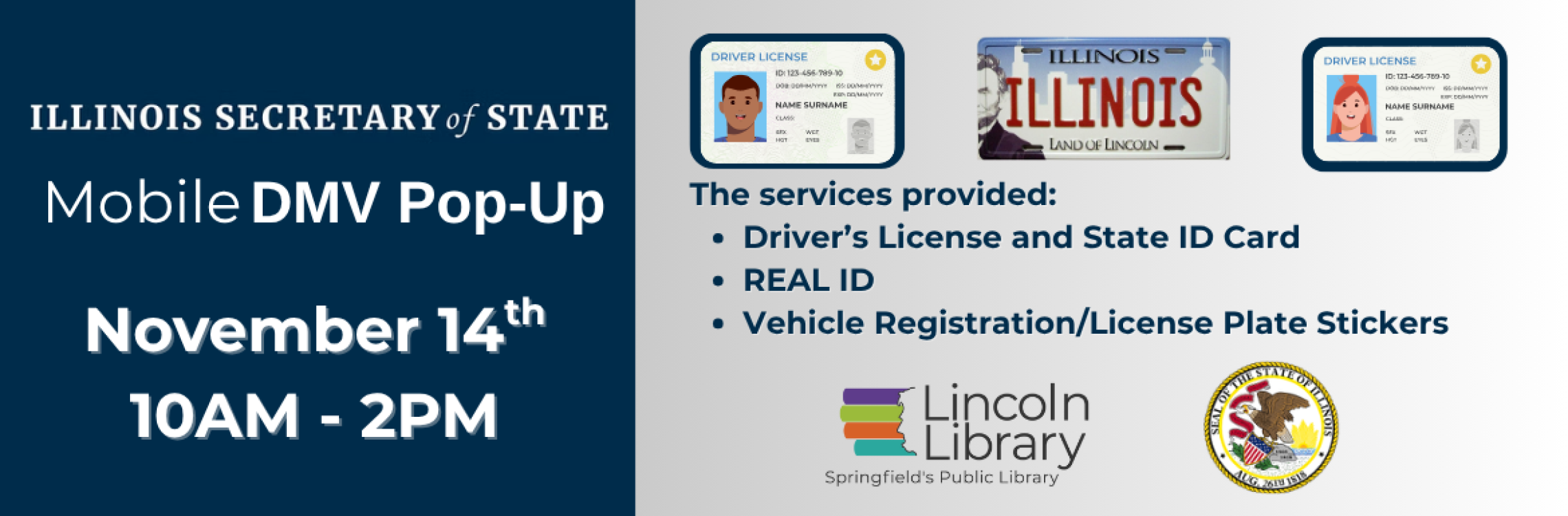 Mobile DMV Pop-Up November 14th 10AM-2PM. Get or renew your driver's license, REAL ID, or license plate stickers